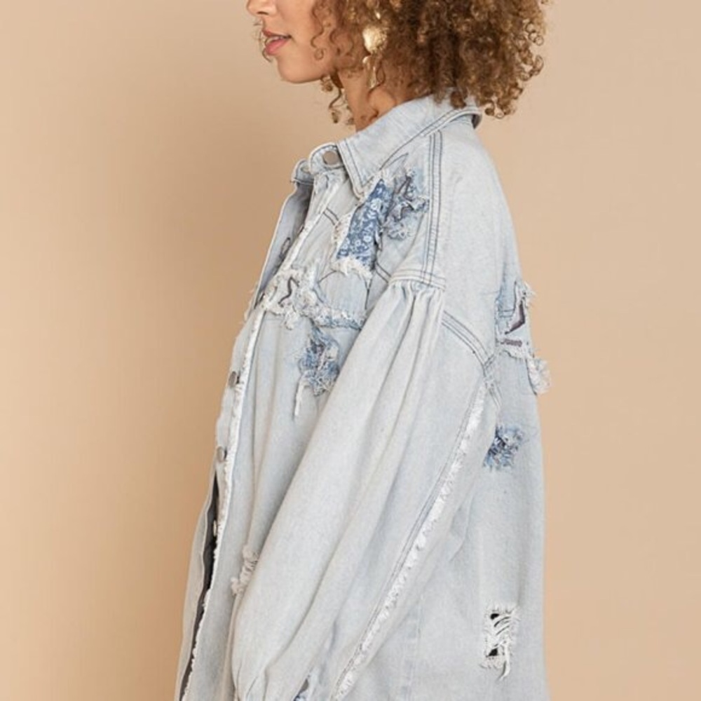 POL Star patchwork distressed Denim shacket with Star Patches blue button down - Picture 4 of 5